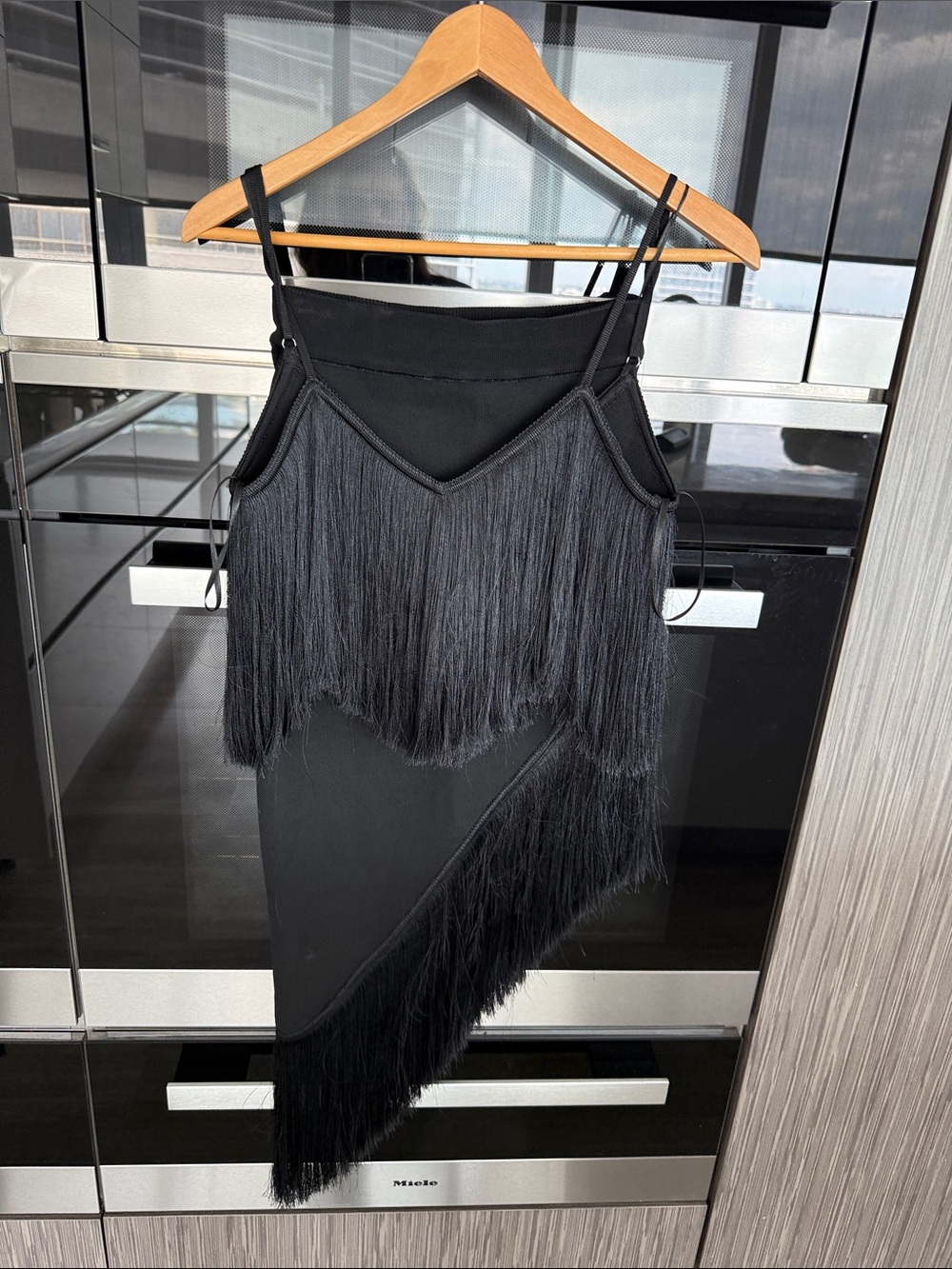 Black Fringe Asymmetrical Slip Dress - Designer Style